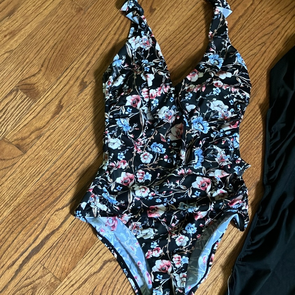 Floral One-Piece Swimsuit. Free beach wrap skirt